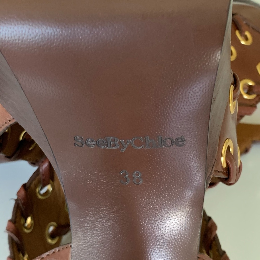 See By Chloe Brown Leather Platform Sandal with Gold Eyelet Details - Picture 7 of 7